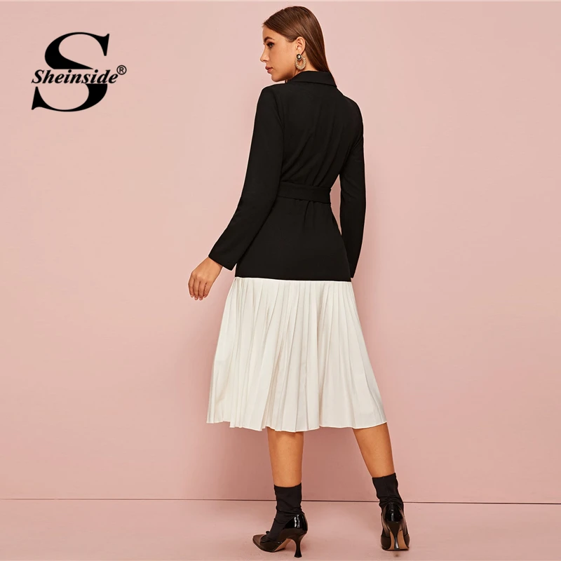 Sheinside, элегантный двубортный блейзер с поясом, платье для женщин, осень, трапециевидные платья для девушек, лоскутное плиссированное платье с подолом