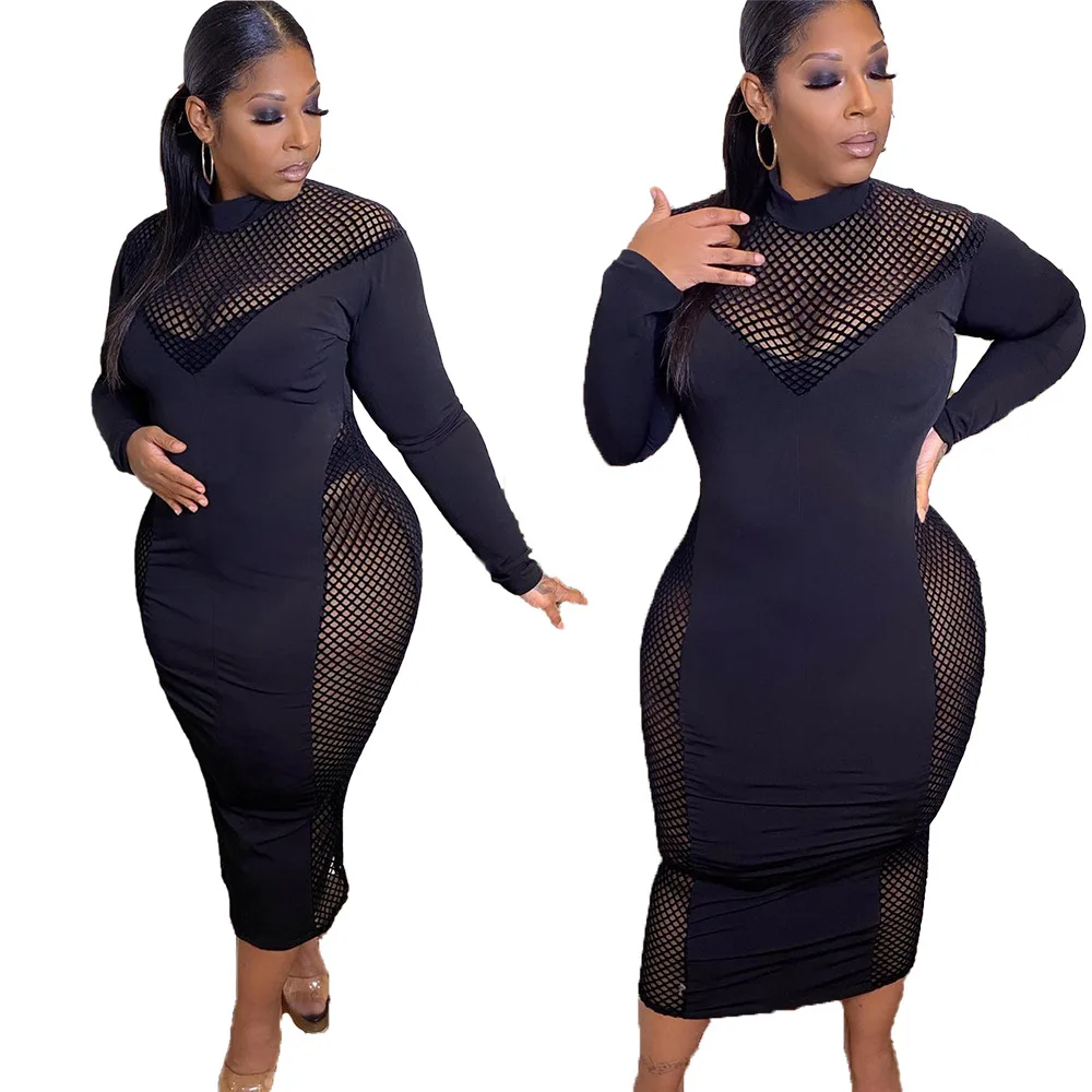 

Zoctuo Plus Size Xl-5xl Dress Solid See-Through Mesh Patchwork Maxi Dress For Women Casual Sexy Long Sleeve Bodycon Dress