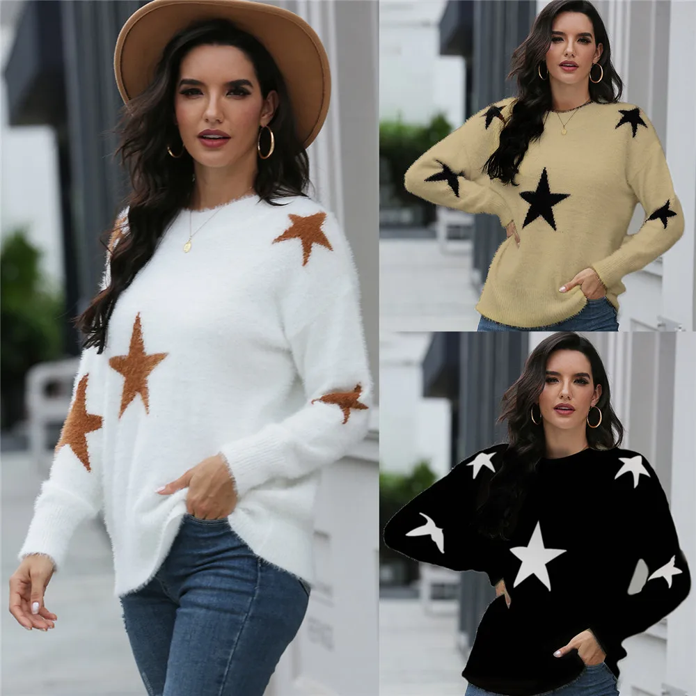

Sweater Women Star Printed Casual Long Sleeve Knitted Tops Streetwear Winter Female Clothes