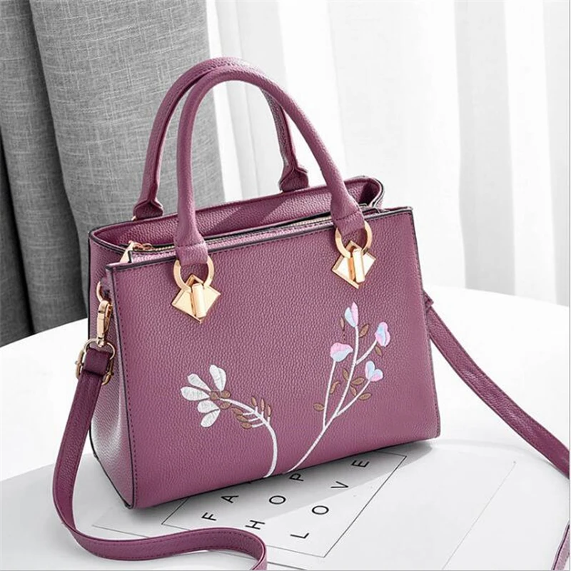dark purple Gusure сумка с вышивкой для женщин, сумки через плечо, женские Сумки из искусственной кожи, сумки через плечо с верхней ручкой, женские сумки с цветами - Цвет: dark purple