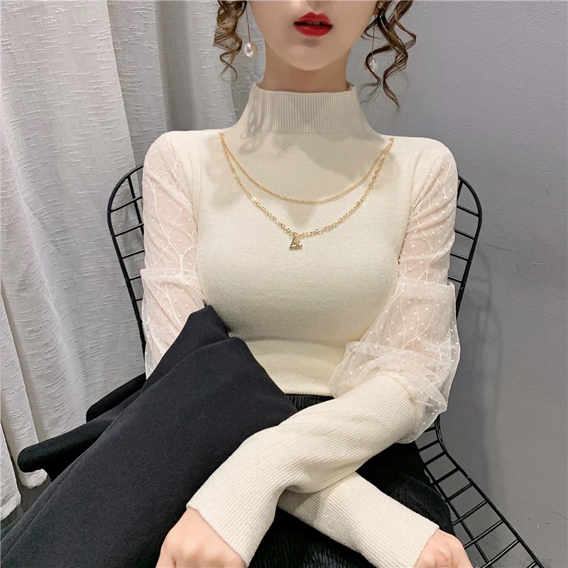 

19755 make velvet half white gauze high collar lace stitching knitwear 57