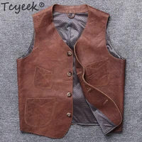tcyeek vintage genuine leather jacket men real cow leather vest casual business mens leather jacket moto biker fit outwear 1821