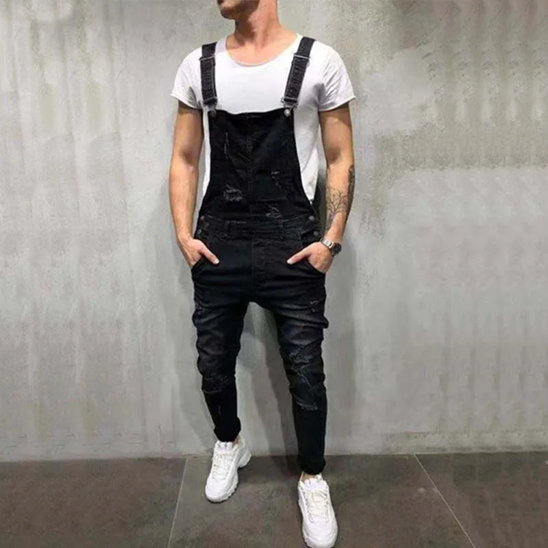2021 New Fashion Men's Ripped One-Piece Jeans Jumpsuits Casual Hole Distressed Denim Bib Overalls For Men Suspender Pants S-XXXL