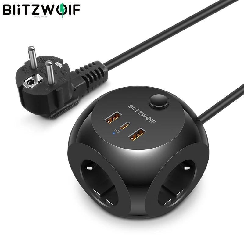 

BlitzWolf BW-PC1 2500W 100-250V/10A Power Strip Socket EU Plug Outlet USB Charger With 3*AC Outlets /20W USB-C PD/ 18W 2 * USB-A