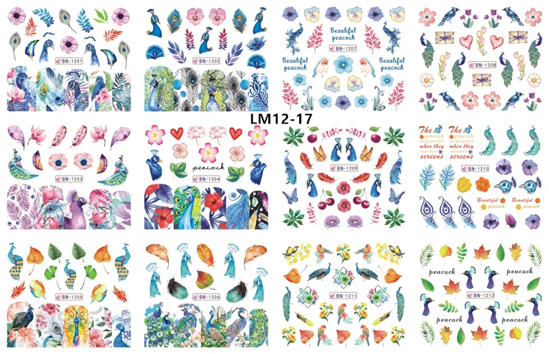 LM12-17 12 Designs Watermark Nail Art Decoration Water Decals Flower Flamingo Bird Rose Sticker Manicure Sliders Adhesive Tip BN913-924 - Color: LM12-17