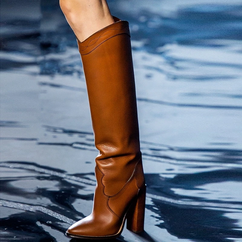 Новое поступление Кожаные сапоги до колена Модная женская обувь на массивном