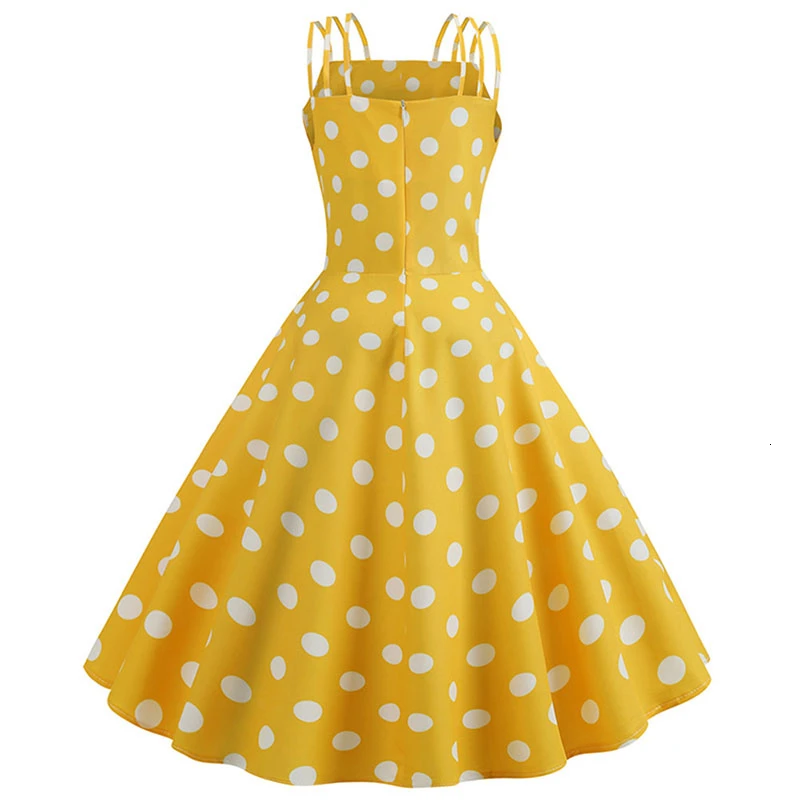Yellow Polka Dot Print Summer Dress Women Swing Rockabilly Vintage Robe Femme Elegant Party Plus Size Casual Midi Vestidos | Женская