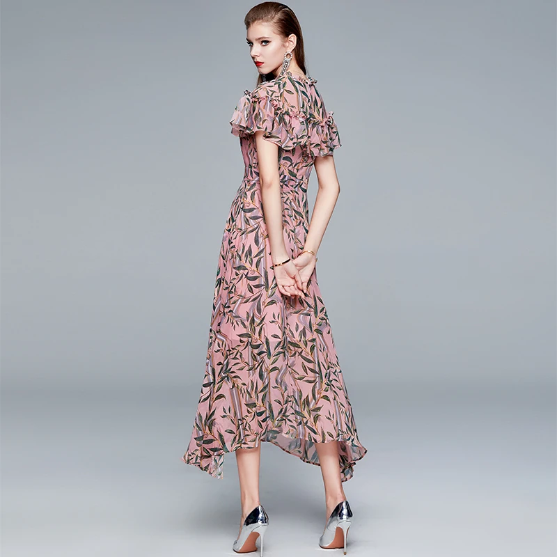 Женское длинное платье с оборками винтажное зеленое из шифона цветочным принтом