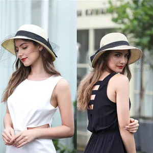 Jovivi Ladies Socialite Sun Hat Bowknot Wide Brim Straw Hat Women Elegant Panama Hat Seaside Beach Cap Summer UV Protection Hats
