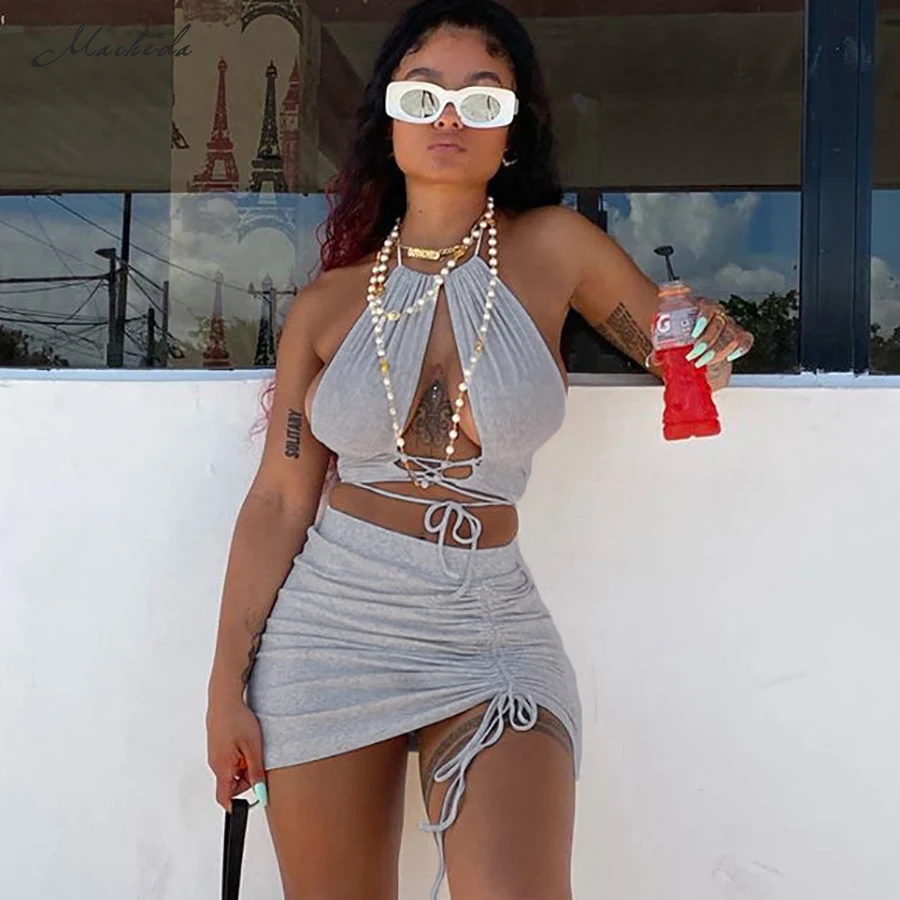 

Macheda Autumn Casual Two Piecs Set Women Slim Sexy Sleeveless Hollow Out Crop Top And High Waist Skirt Clothing Fashion Lady