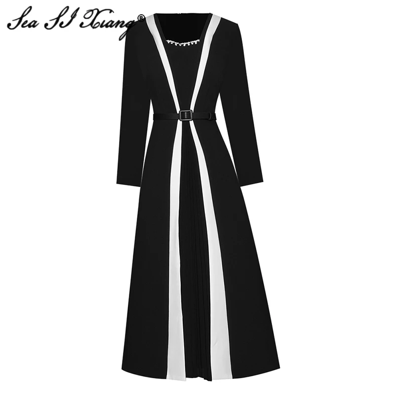 

Женское плиссированное платье миди Seasixiang, дизайнерское осеннее платье с квадратным вырезом и поясом, с кристаллами