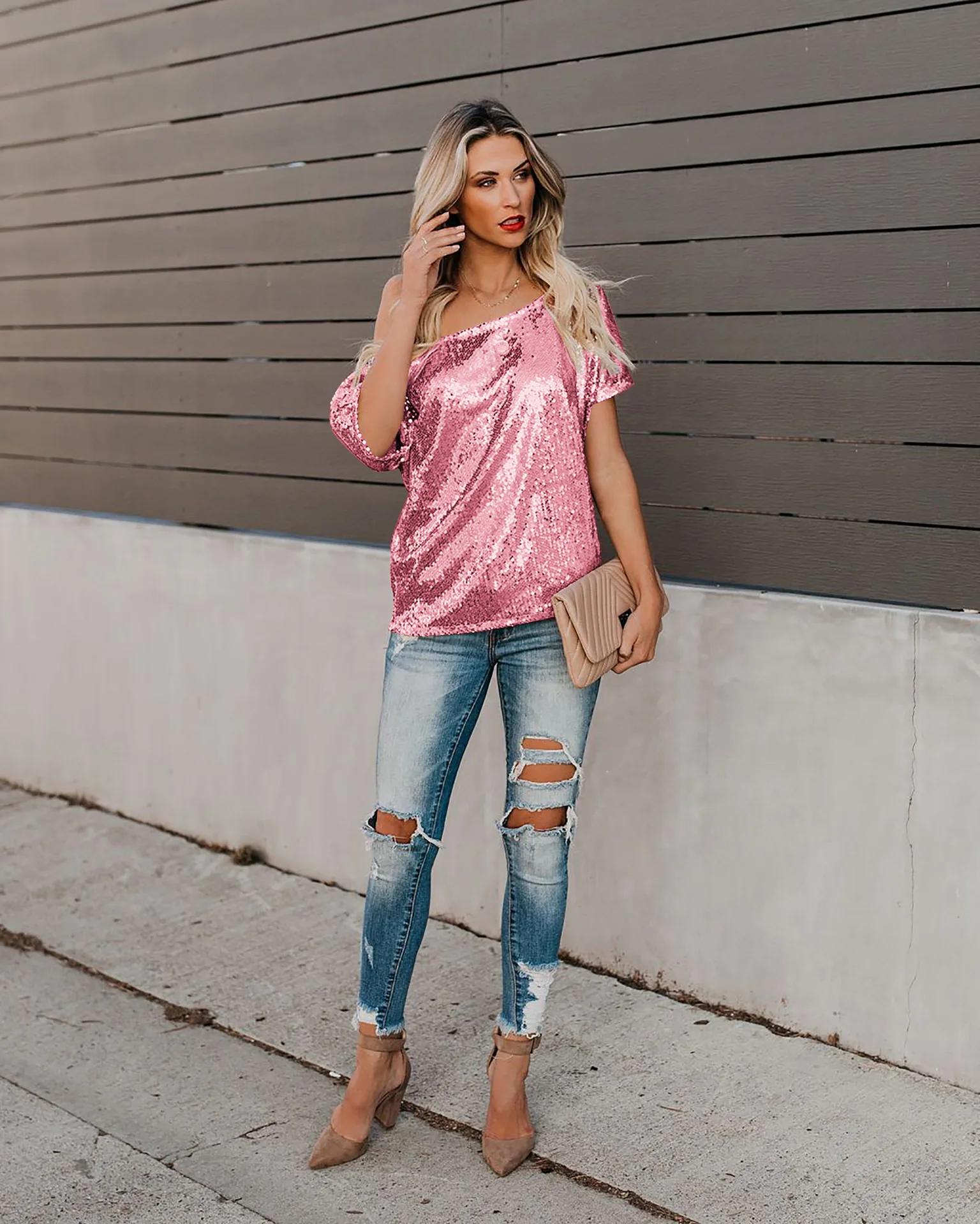 

Donsignet Women's T-shirt Fashion Casual Temperament Summer Short Sleeve Solid Color Bronzing Word Shoulder Top Women T-shirt