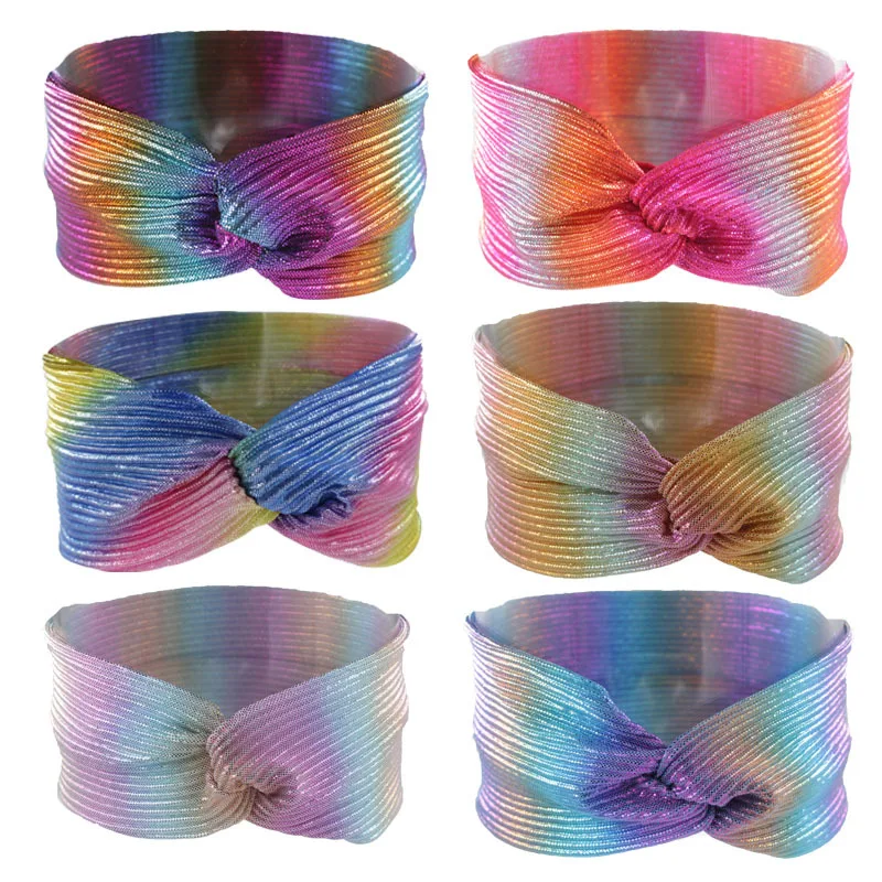 

Fashion Tie-dye Metallic Headband For Women Girls Wide Gradient Laser Ruffled Cross Hairbands Turban Ladies Hair Accessories