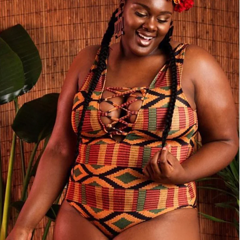 

Plus Size Bikini 2021 Swimwear New Sexy Deep V- Neck Latino American Style Geometric Printing Knit Swimsuit for Women Kупальник