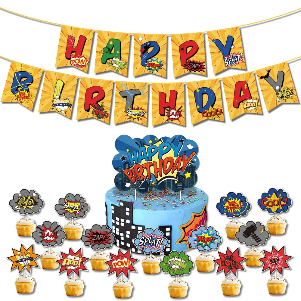 

55 Pieces of Superhero Birthday Party Decoration Banner Cake Plug-in Boy Birthday Family Venue Decoration Supplies