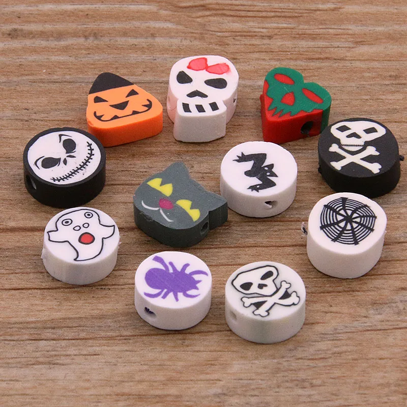 

30Pcs 11 Styles Mix Colors Halloween Series Skull Shape Clay Spacer Beads Polymer For Jewelry Making DIY Handmade Accessories