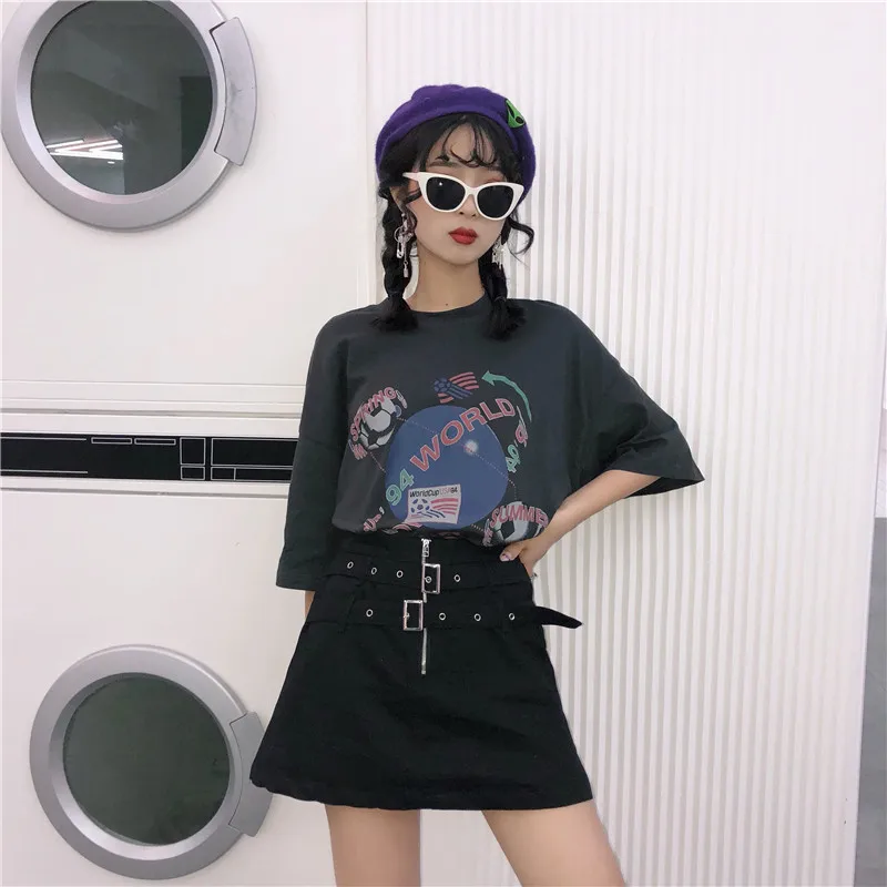 

Summer new Harajuku style black loose wild double belt personality zipper A-line skirt