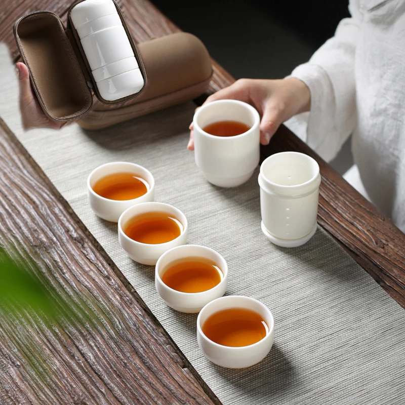 

Чайный набор Gaiwan, чашка кунг-фу, белая керамическая посуда для белого чая с 4 чашками, чайные наборы, портативный дорожный чайный набор с доро...