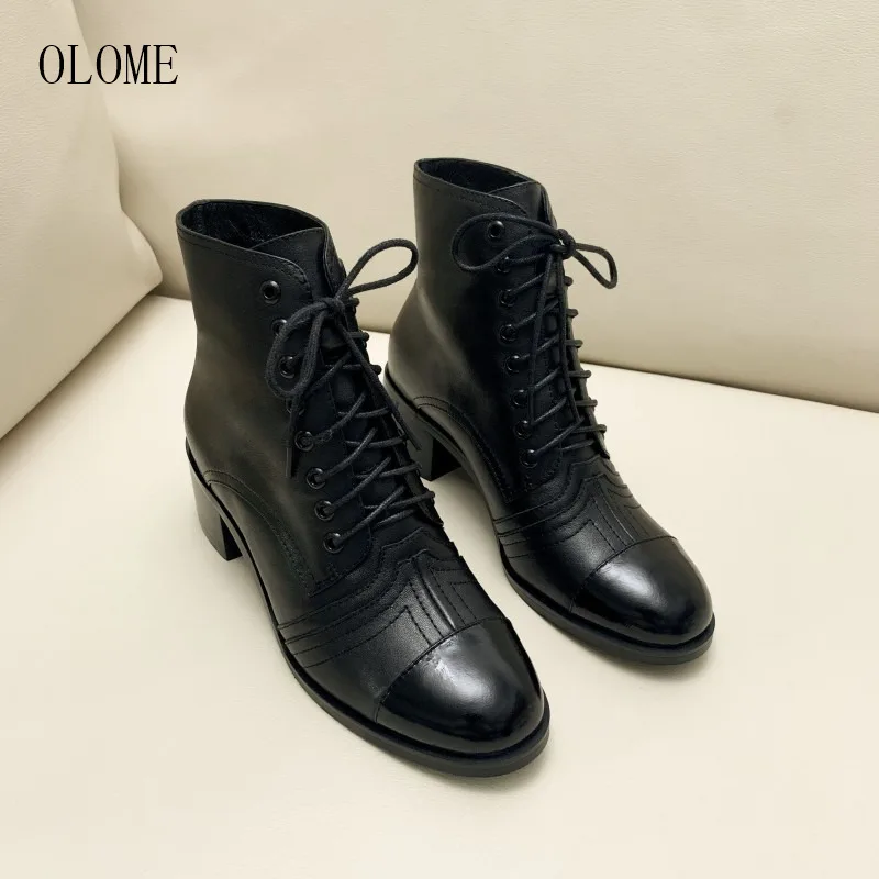 OLOME; Новинка; Модные женские ботильоны; Цвет черный, золотой; женские ботинки с круглым носком, на шнуровке, на среднем массивном каблуке; сезон осень-зима; женская обувь - Цвет: as pic