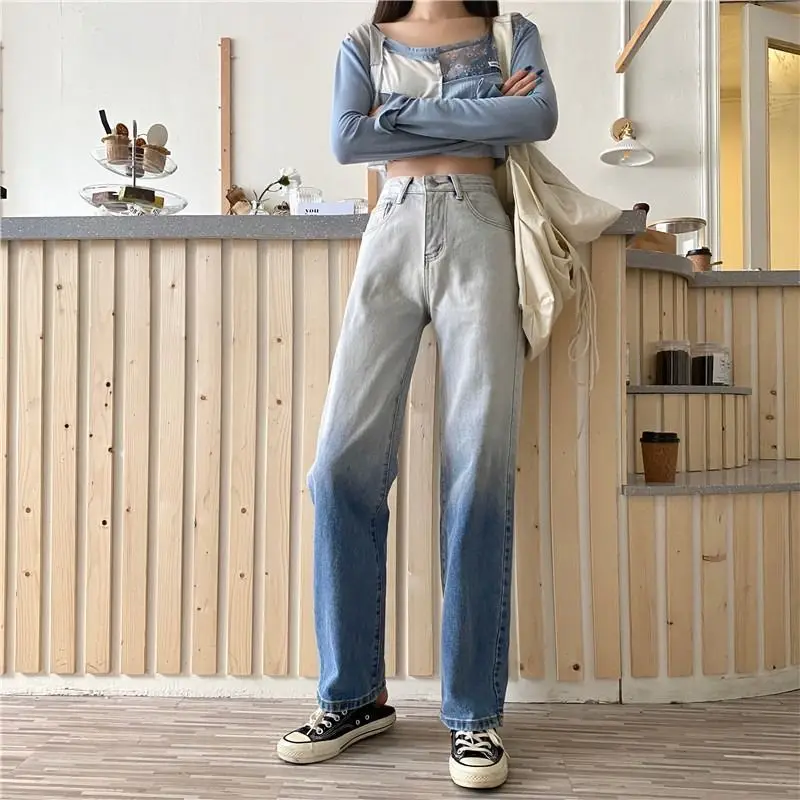 

Design gradient high-waist jeans women spring and summer 2021 new trend straight loose wide-leg pants Harajuku denim trousers