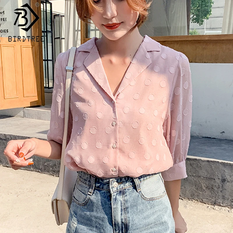 Женская шифоновая блузка в горошек однобортная рубашка с коротким рукавом