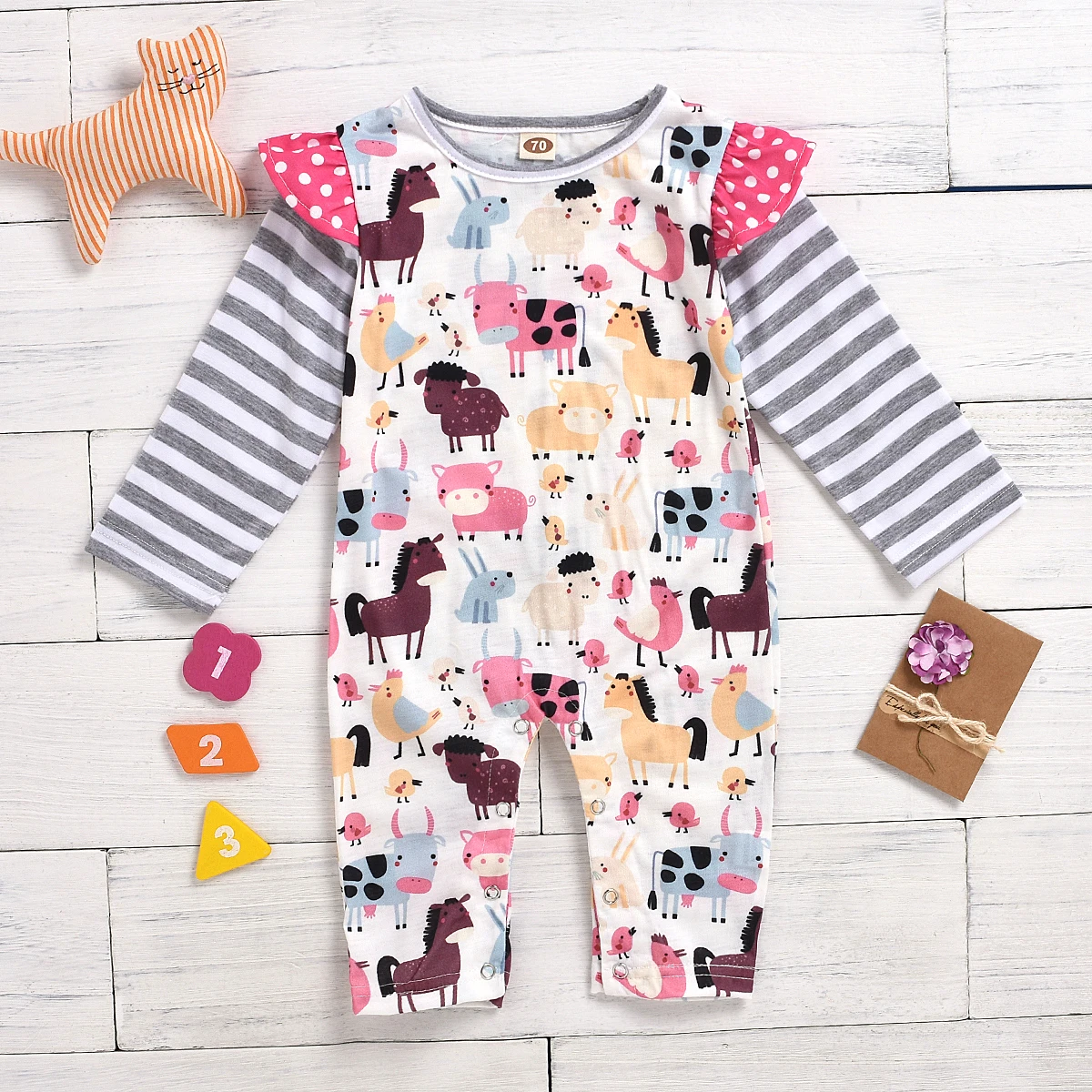 

Children's Romper Stripe Ruffle Long Sleeve Clothes for Toddler Animal Design Crew Neck Baby's One-Piece Garment