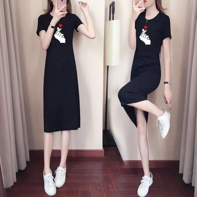 

Pure Cotton Dress Summer New Style Female Korean Mid-Length Slim Casual Slim Short-Sleeved T-Shirt Skirt