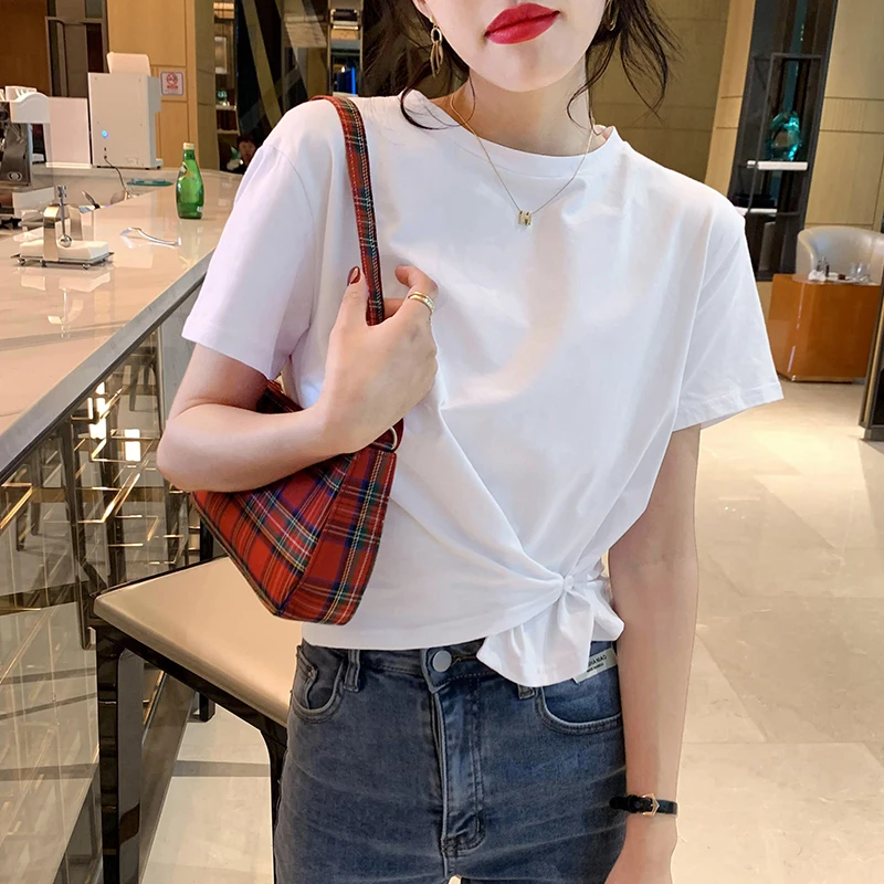 Женская футболка с коротким рукавом Свободный укороченный топ круглым вырезом и