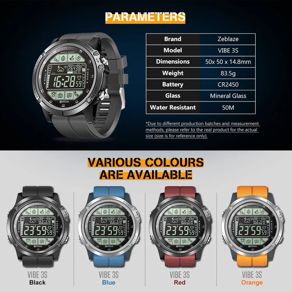 

VIBE 3S Smart Watch Dustproof Shockproof Waterproof 1.24-Inch FSTN Full View Display Screen Wristwatch BT4.0 5ATM Waterproof Ca