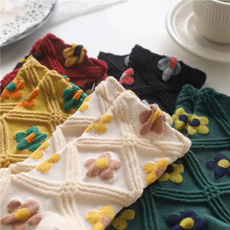 

Kawaii Flower Socks Japanese Retro Literary Rhombus Lattice Ladies Trendy Socks