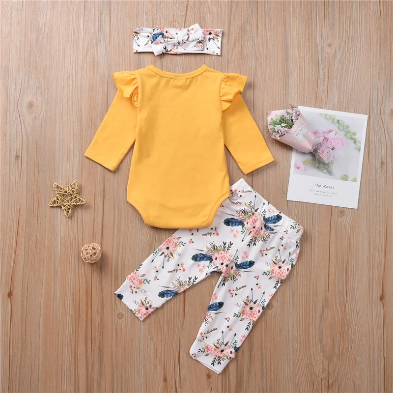 

Autumn Infant Baby Girl Clothing Sets Fly Sleeve Solid Romper+Flowers Pants+Headband 3Pcs Casual Baby Girl Outfits 0-18M