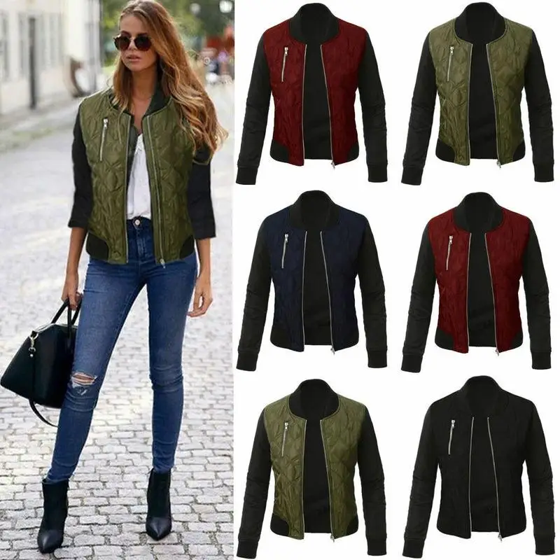 

Women Bomber Classic Neckline Zipper Biker Flight Jackets Coat Long Sleeves Warm Outwear Plus Size Women's Clothes Winter Jacket