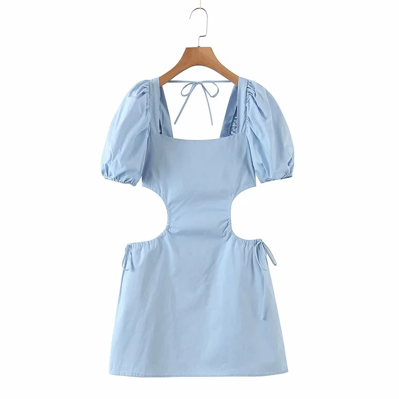 

EAYUCU 2021 solid color sexy sweet short-sleeved open back slimming ladies summer dress square collar female dress ED312