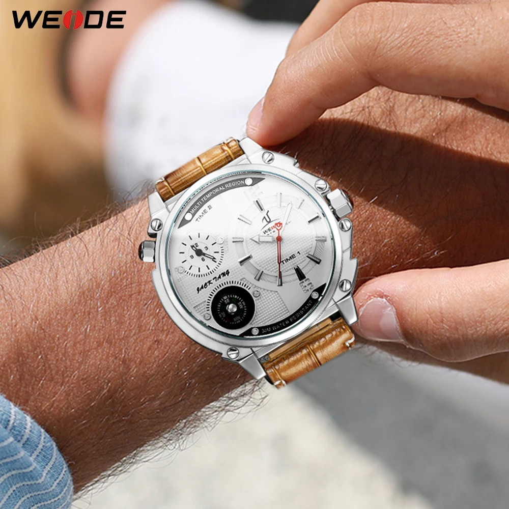 WEIDE топ бренд мужские часы Роскошные спортивные коричневые кожаный ремешок