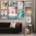 Настенные художественные плакаты с исламским зданием, Скандинавская архитектура, картины на холсте, пейзаж, растения, картины для путешествий, Рамадан, домашний декор