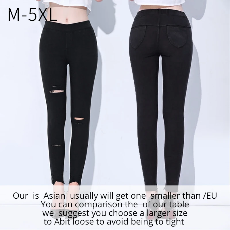 

Yesello Plus Size M-5XL Summer Hole Ripped Jeans Women Jeggings Cool Denim High Waist Skinny Jeans Pants Pencil Trousers Black