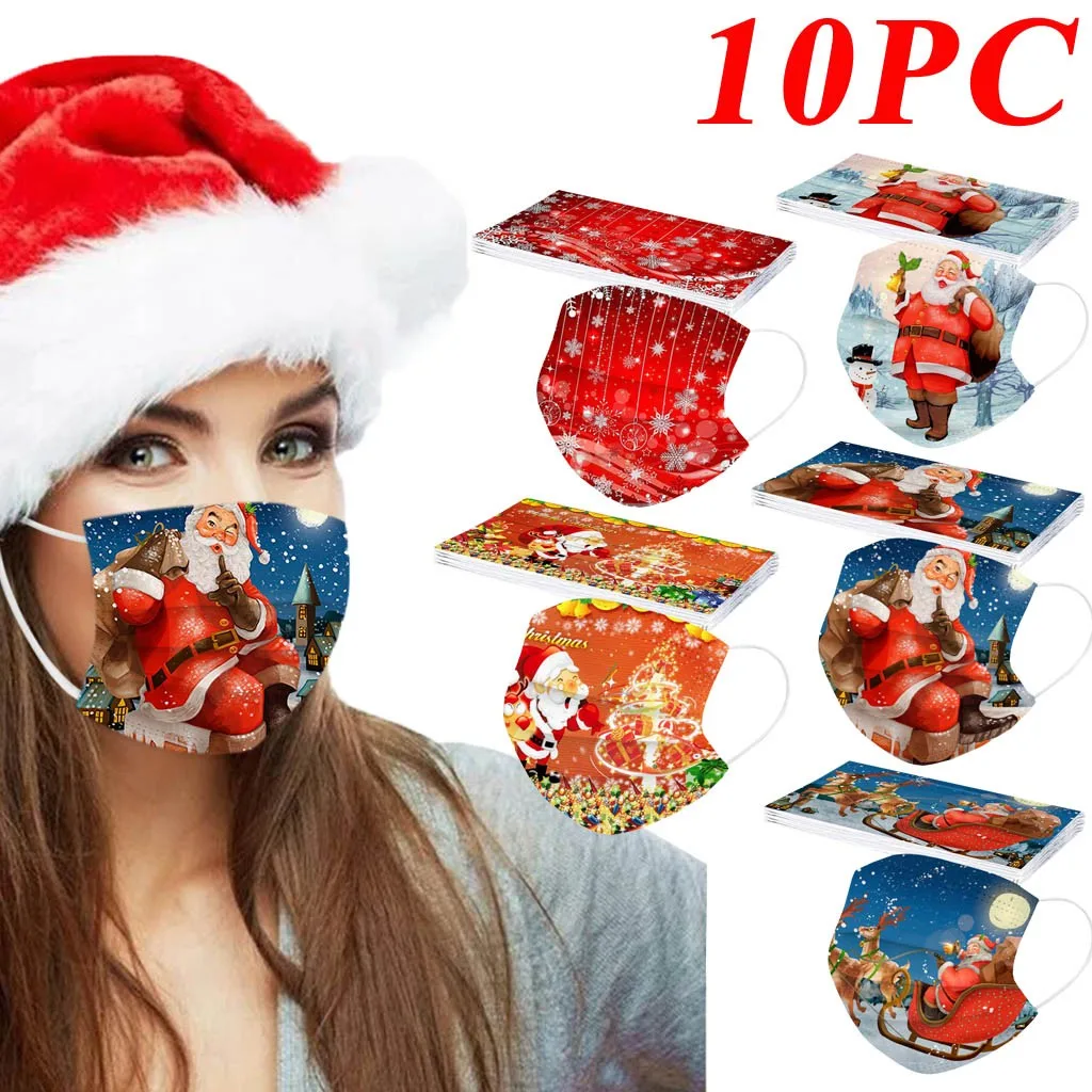 

10pc Multicolor Adult Universal High-quality Christmas Printed Mask Scarf Disposable Face Mask 3ply Earloop Masks Mascarillas