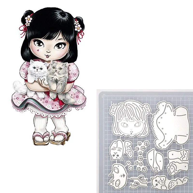 Lovely Dog Cat Girl Metal Cutting Dies Animal With Big Eyes Doll Stencil Embossing DIY Scrapbooking |