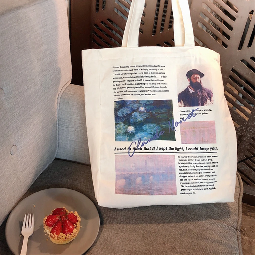 

1Pc Monet Van Gogh Shopping Bag Graphic Tote Harajuku Shopper Bag for Girls Women High Capacity Eco Canvas Shoulder Bag Reusable