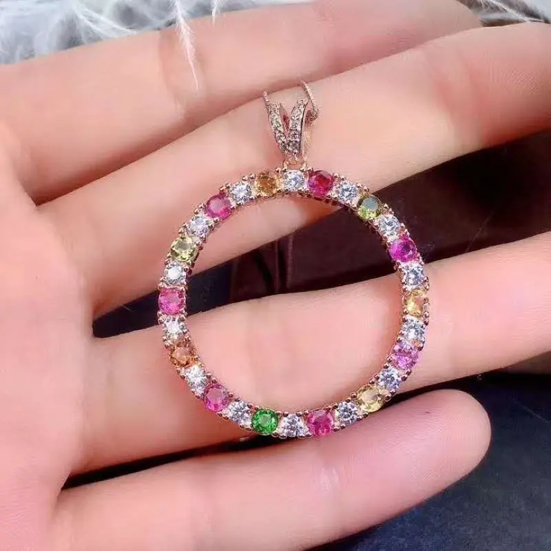 Round Natural Brazilian Candy Color Tourmaline Pendant Necklace For Women Party S925 sterling silver Fine Jewelry Certificated | Украшения