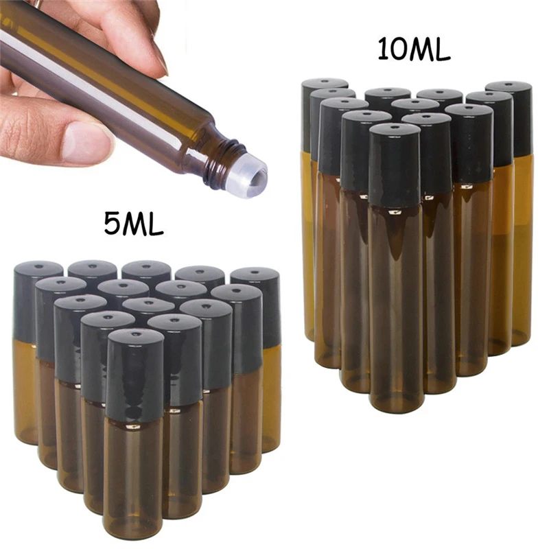 

10Pcs 5ml 10ml Amber Glass Jar Roll on Bottle Sample Test Essential Oil Vials with Roller Ball Travel Perfume Refillable Bottle