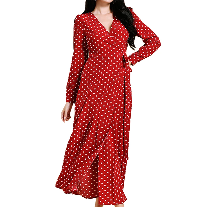 

Dress Autumn Polka Dot Fashion Split Long Dress V Neck Long Sleeve Sashes Dress Female Wrap dress Robe