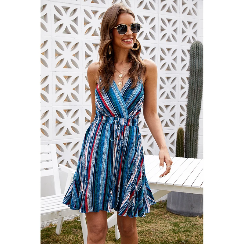 

Bikoles Women's Summer Fashion Beach Sexy V Neck Spaghetti Strap Backless Mini Dress 2021Casual Color Matching Stripe Lady Dress