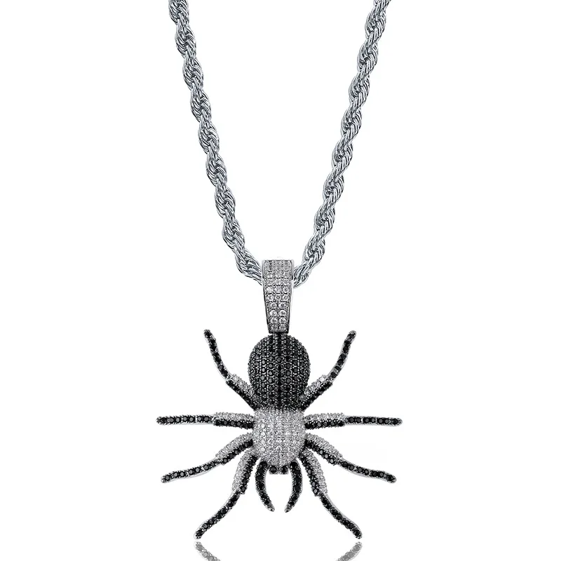 DNSCHIC Iced Out CZ Hip Hop Pendant Spider Necklace for Mens Animal Pendant Chain Gold Silver Black with Twisted Singapore Chain