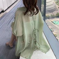 2021 summer solid color lace up tops mid length niche designer blouse women japan korean style autumn female casual shirts