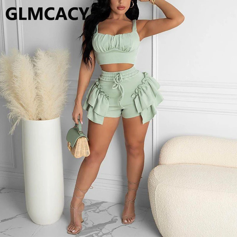 

Женский комплект из двух предметов, короткий топ без рукавов и сексуальные шорты с оборками, летняя шикарная уличная одежда
