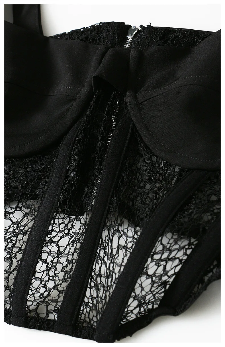 2021 Sexy Patchwork Lace Tank Tops for Women Solid Hollow Out Short Vest Female Off Shoulder Backless Lace Up Vest Sleeveless