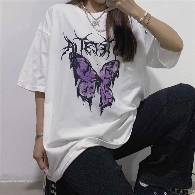 

Women's T-shirts Harajuku Butterfly Printed Oversized T Shirt Streetwear Tops Female T-shirt Casual Short Sleeve Woman Clothes