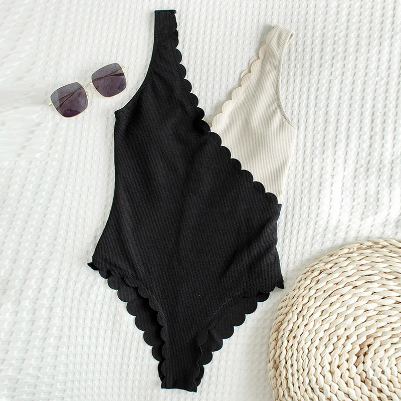 INGAGA Scallop One Piece Swimsuit Sexy Patchwork Swimwear Women Ribbed Bathing Suit 2022 U-back Bodysuit Summer Beachwear | Спорт и