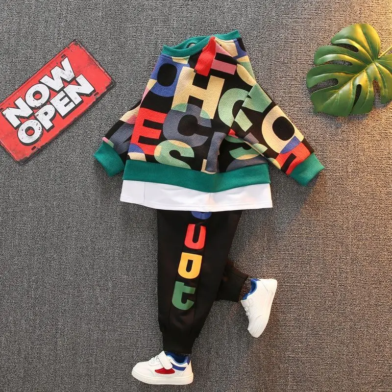 

BibiCola Spring Baby Boys Casual Fashion Outfits Letter Printing Clothing Long Sleeve + Sports Pants Sets Kids Clothes Suit